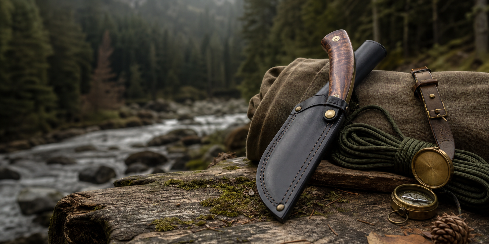 sheathed hunting knife and camping kit in a woodland setting for huntingknife.uk