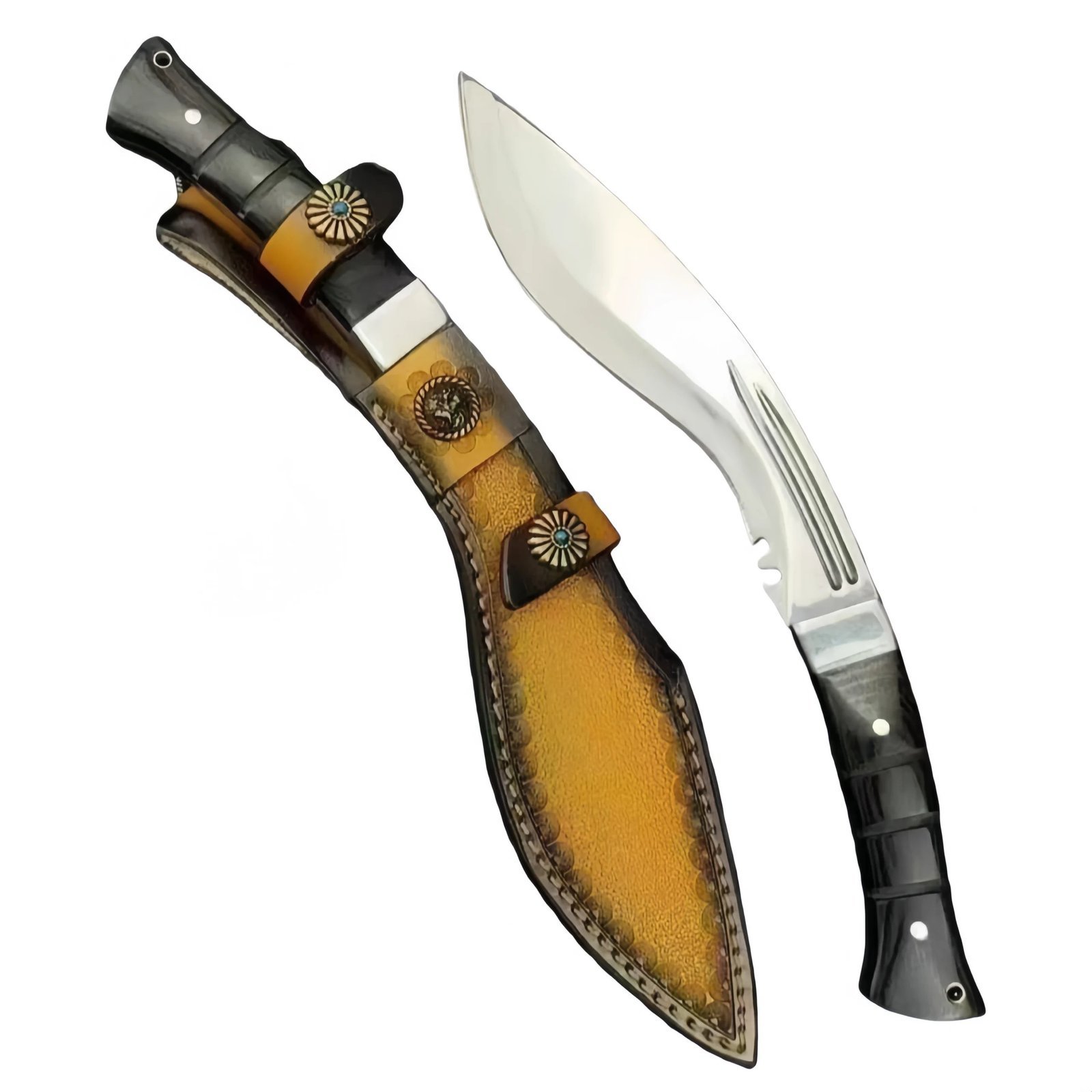 24340-main-white-clean.jpg 9Cr18Mov one-piece steel dog leg knife sheath with hand-embossed cowhide holster